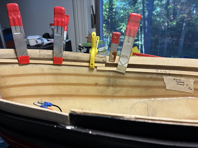 Beginning to construct the sheer clamp. Aft deck will be mated to bulwark 1/16” above the bottom edge.Also included, a note to self.